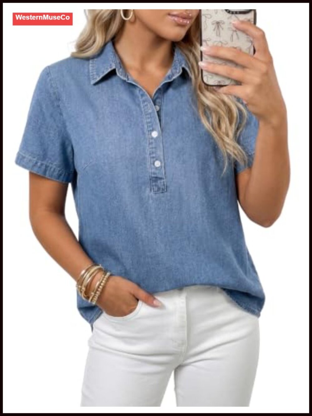 Women's Short Sleeve Button Down Denim Shirt Casual Jean Top